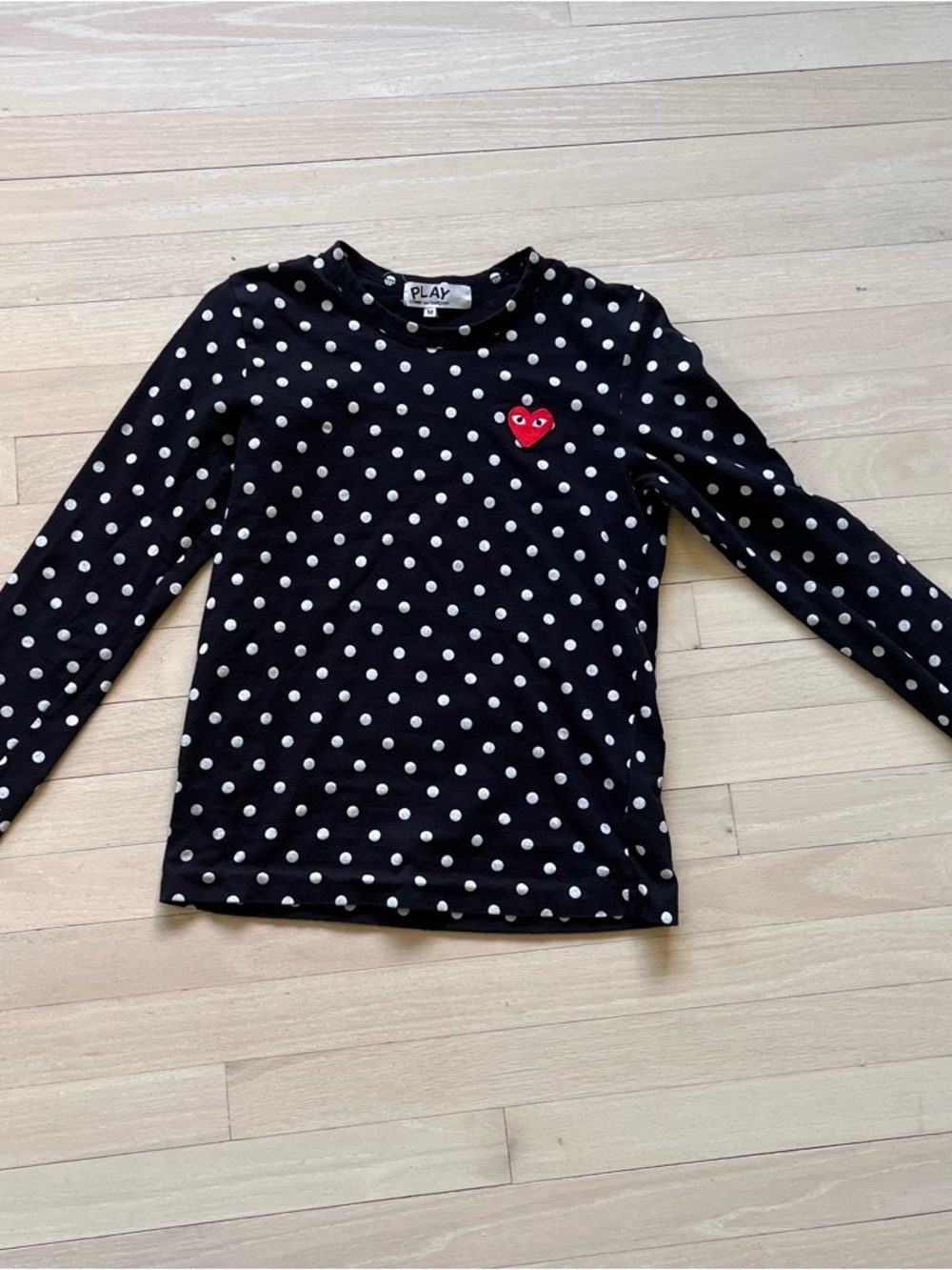 Black Polka Dot Long Sleeve Top with Red Heart Patch
